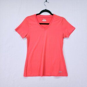 Fila Bright Neon Orange V Neck Activewear Workout Short Sleeve Shirt Size S